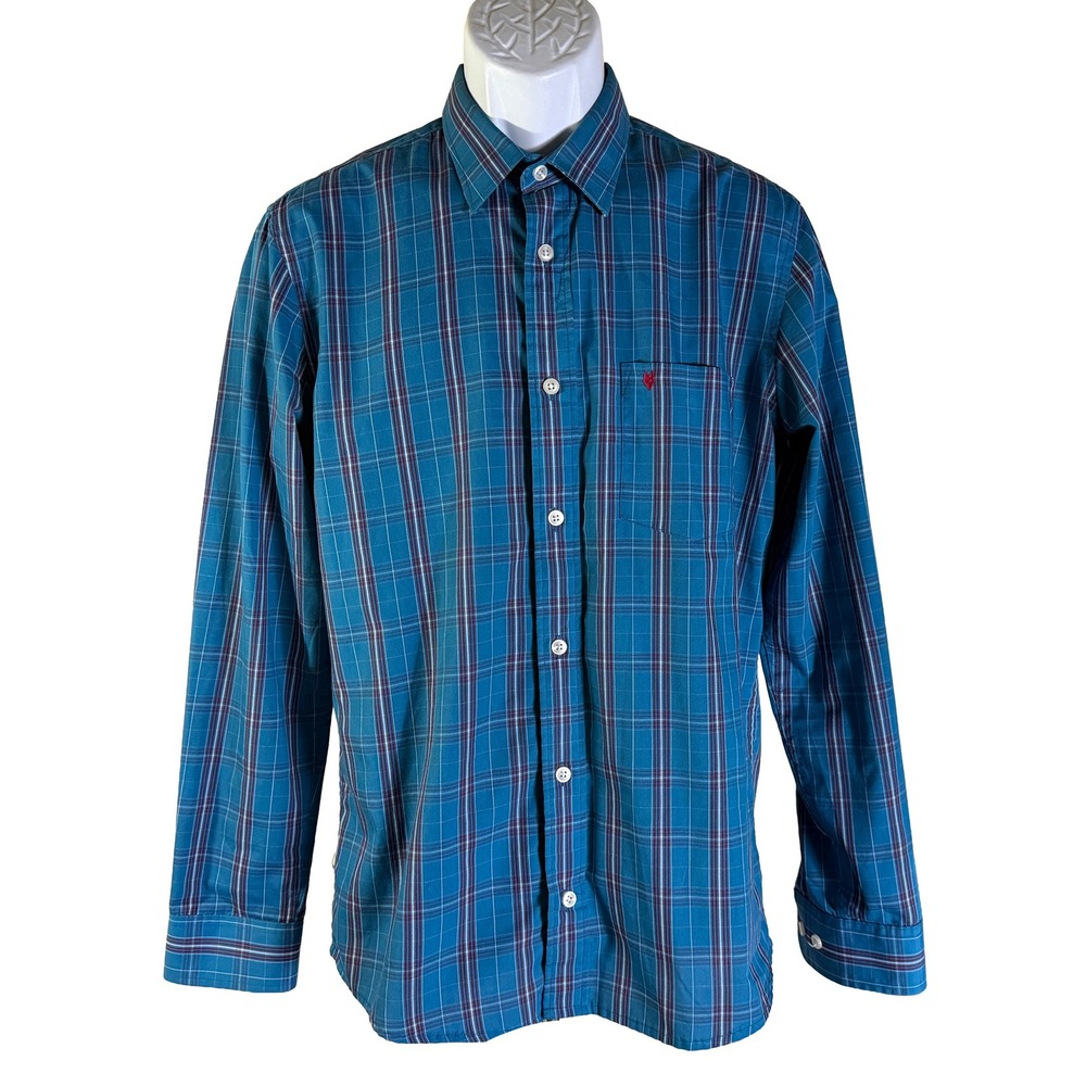 Yale Modern Button Down Shirt Mens Medium Teal Plaid Long Sleeve Pocket